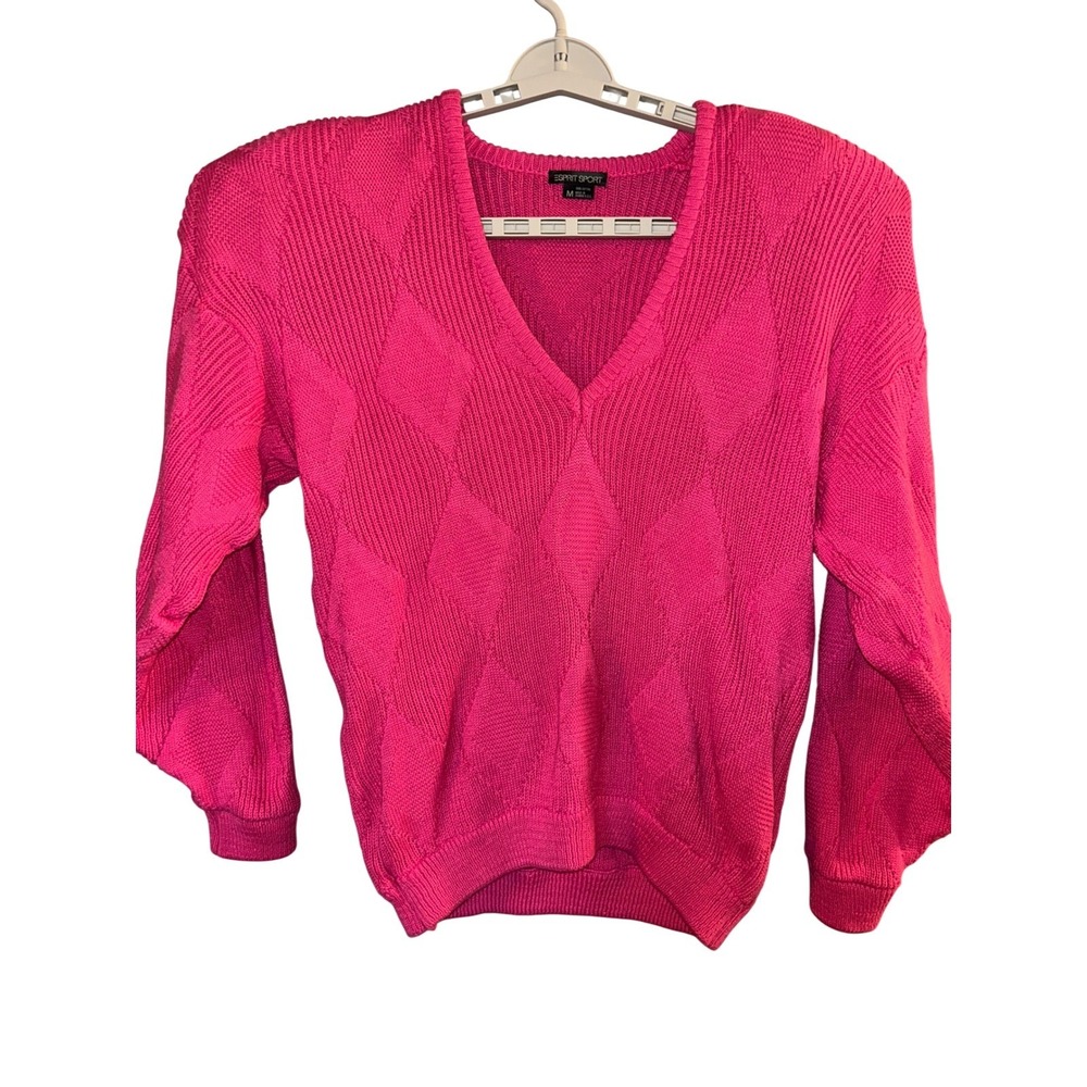 80s 90s Esprit Sport Sweater Womens Size M Retro Pink V-Neck Knit Grandma Cotton